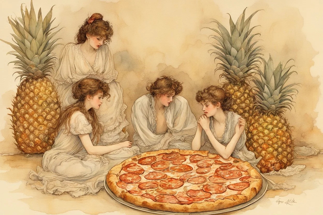 Italian men and women sitting around a pineapple pizza, watching in horror beautiful intricate, soft delicate watercolor, dramatic, perfect composition, by Arthur Rackham Modifiers: highly detailed intricate very attractive beautiful fantastic view watercolor Arthur Rackham Jean-Baptiste Monge Egon Schiele muted tones professional Enki Bilal patchwork watercolor and ink Xuan Loc Xuan