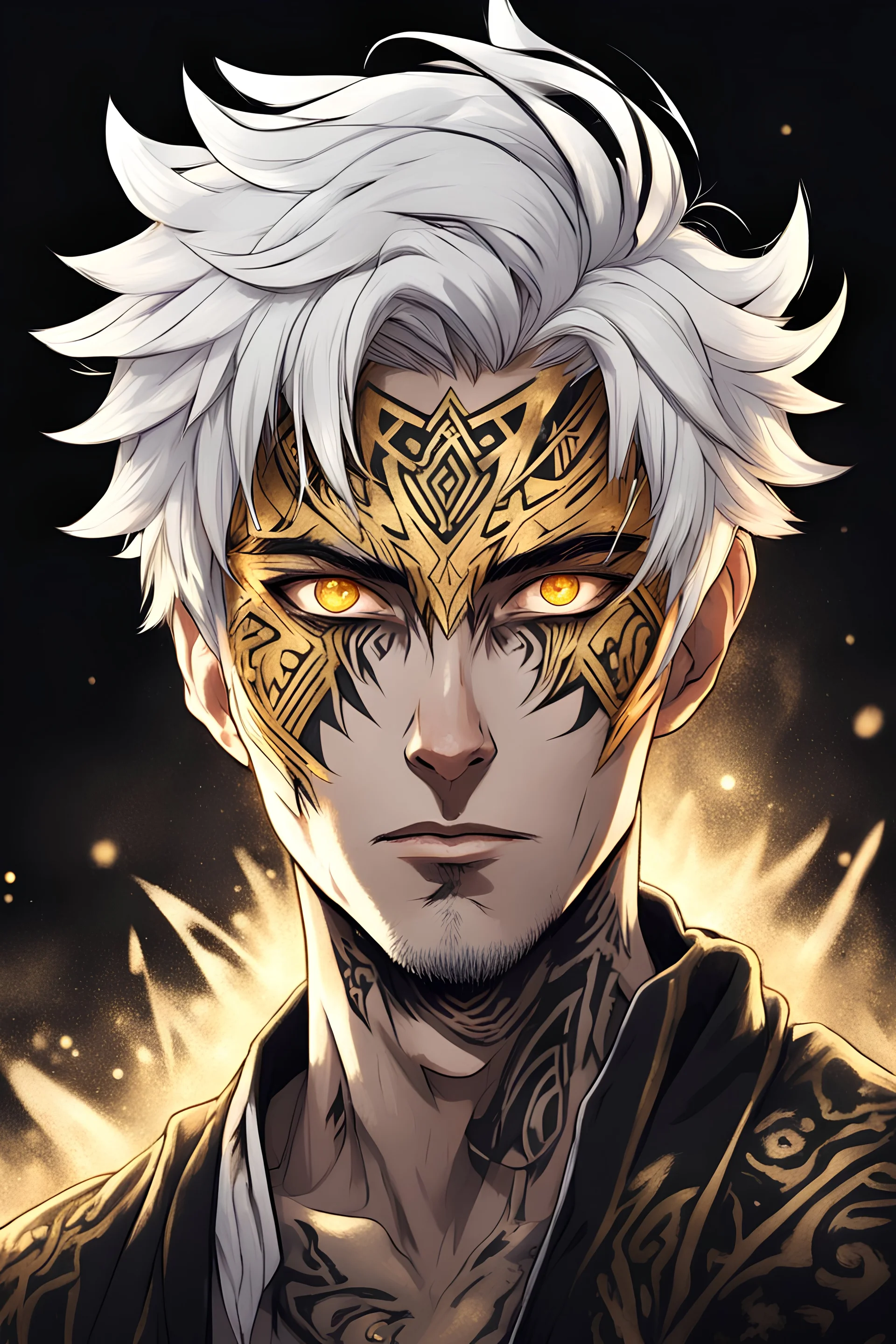 Anime Style drawing, 35 year old Adult Male, Short Messy White Hair, Glowing golden eyes, Black tribal tattoo covers half his face