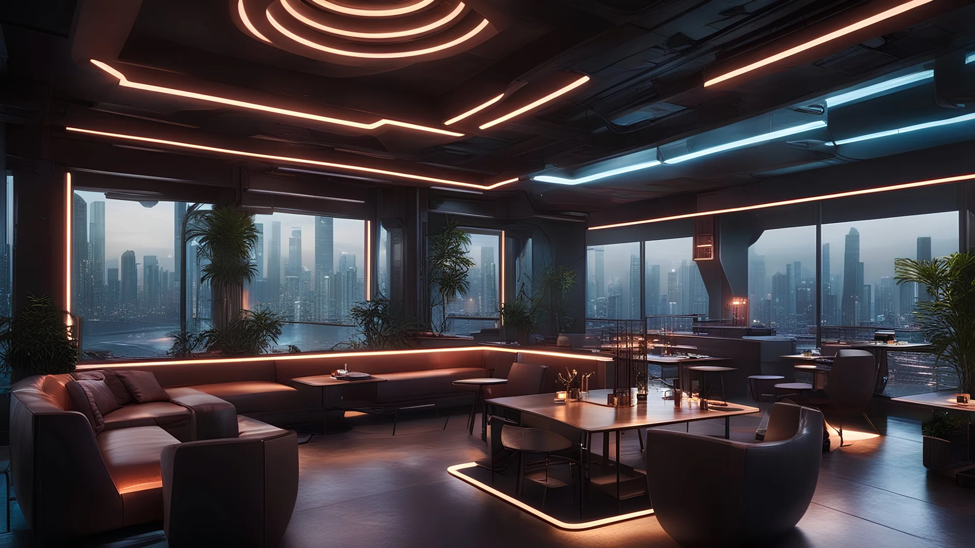 restaurant or lounge with cyberpunk interior design and Singapore landscape icons