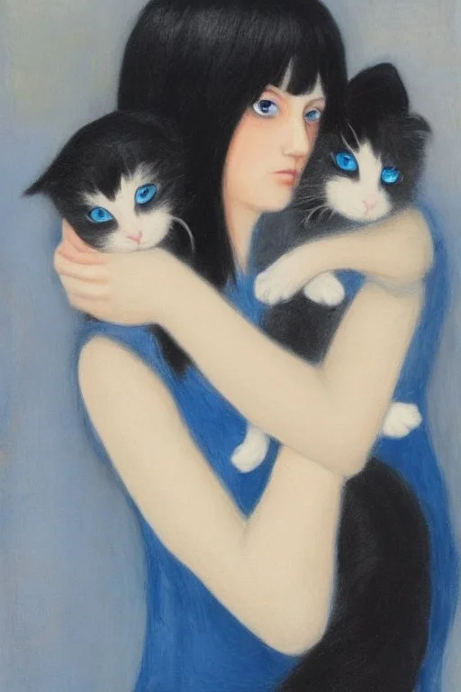 Black hair, blue eyes, woman holding calico cat