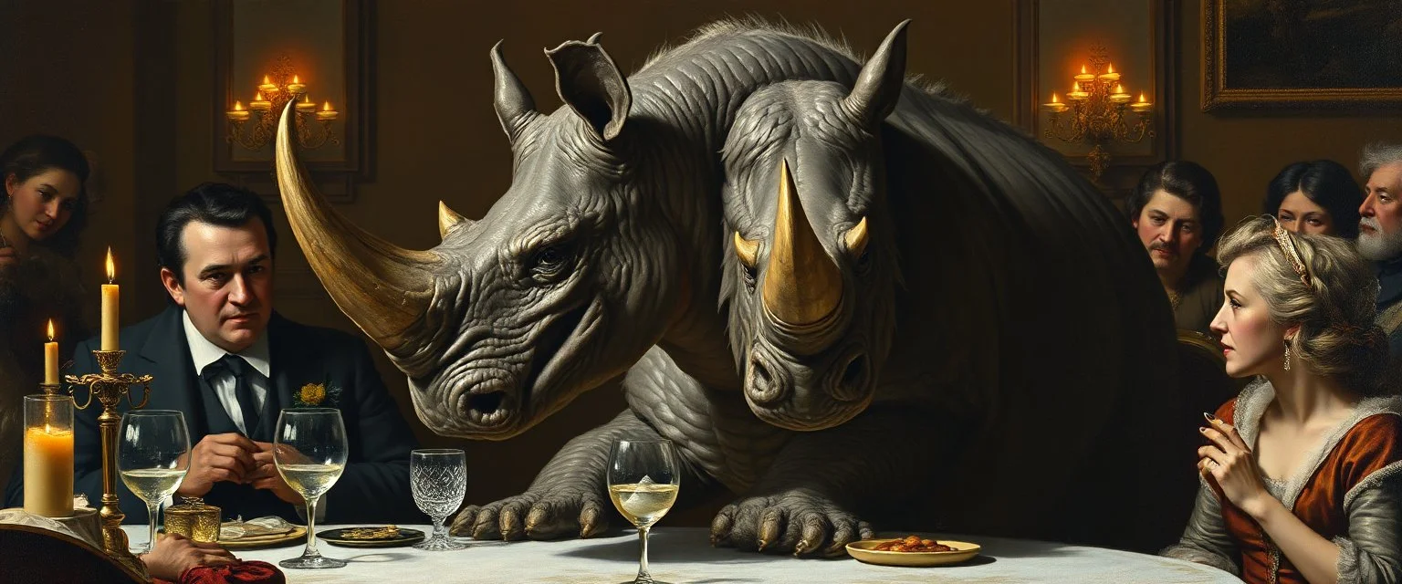 portrait painted by Rembrandt, stupid looking furry dragon rhino at banquet