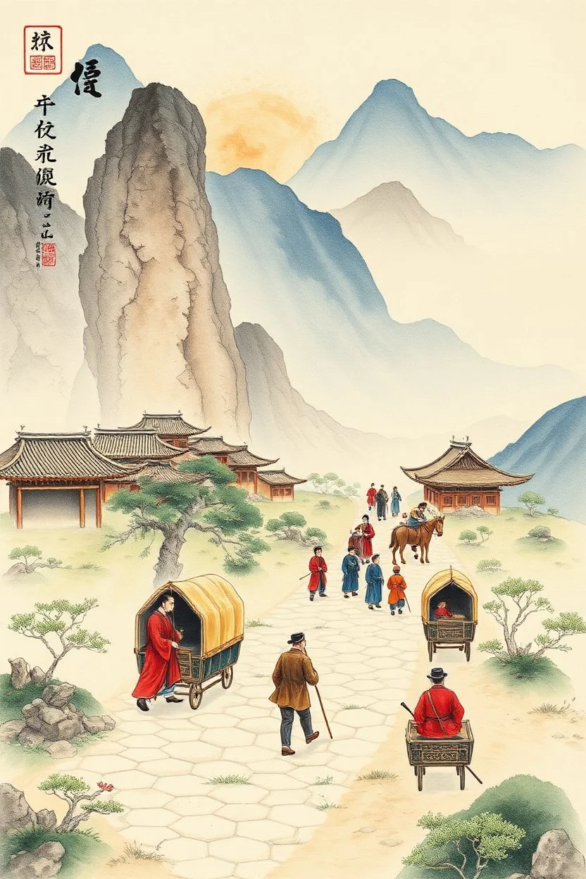 trading caravan Hexi Corridor silk road in ancient times in the style of Zeng Fanzhi watercolour