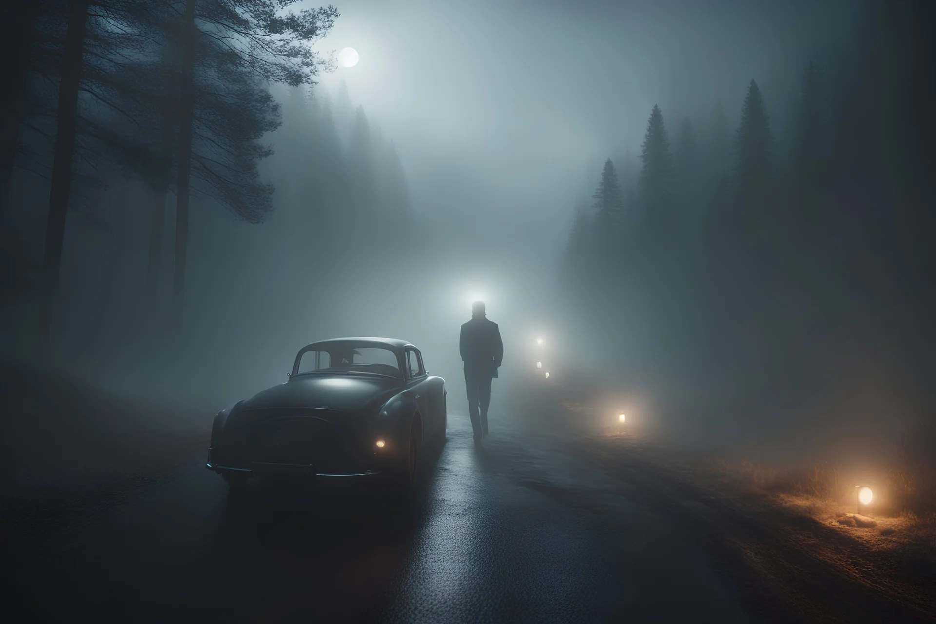 hiper-realistic UNREAL ENGINE beard guy detective view when drives in a misty dark mountains forest at night with strange light in the mist, Guillermo del Toro movie still