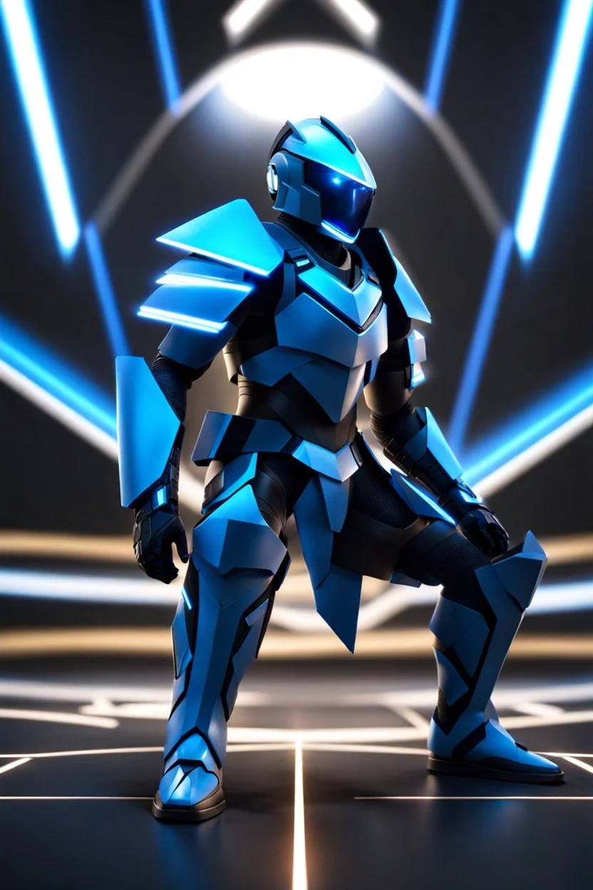 neon blue, floating parts of armor in form of light triangle orbiting behind the back, cyber armor, geometric patterns on armor, male, orbiting triangle