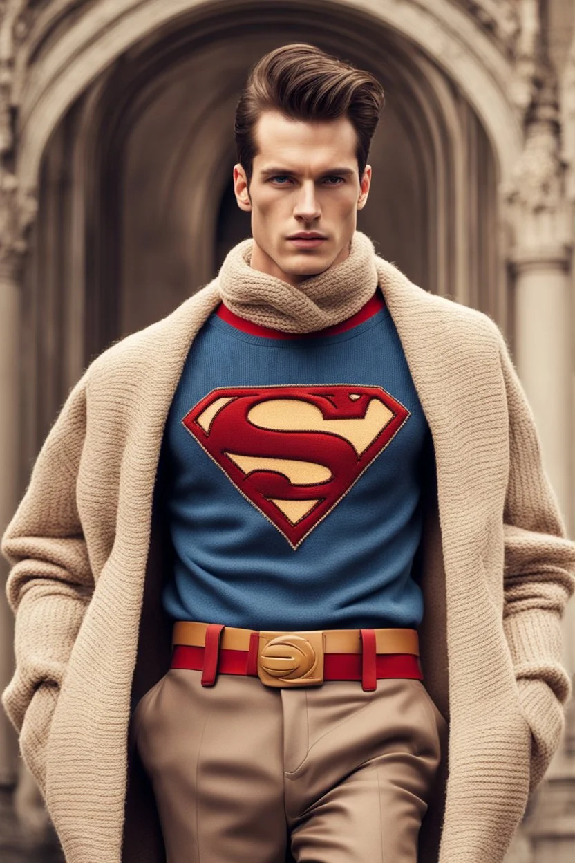 a men winter fashion runway with winter clothes inspired by Superman Emblem style, embroidery sweaters elegant fashion beige tones