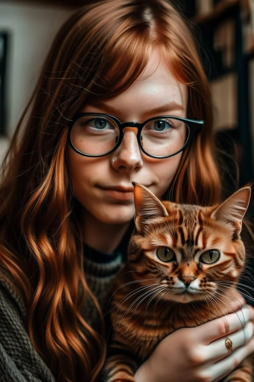 girl with ginger hair in a fringe with glasses and a septum piercing holding a brown tabby cat like a baby