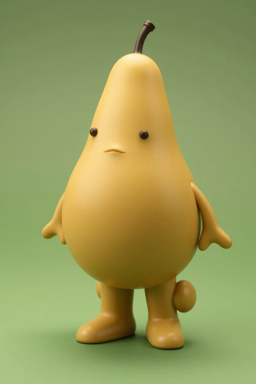 round pear shaped 3d character with bumps for legs, simple wide arms, face at top front of body, no head, vinyl figure