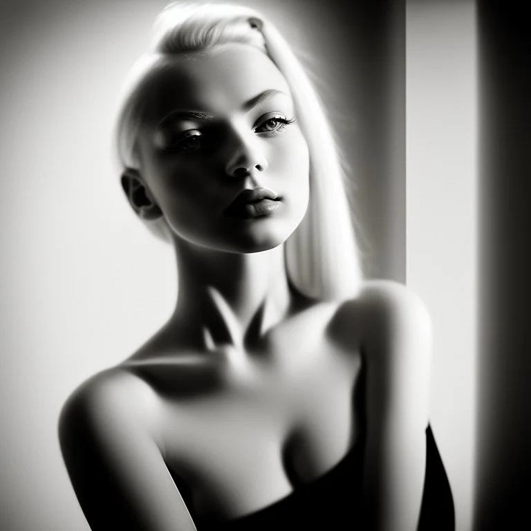 Mujer rubia iluminada, retrato medio cuerpo, iluminada potentemente desde el lado derecho, blanco y negro vaporoso, peinado a lo Verónica Lake al estilo del fotógrafo Hugo Alonso
