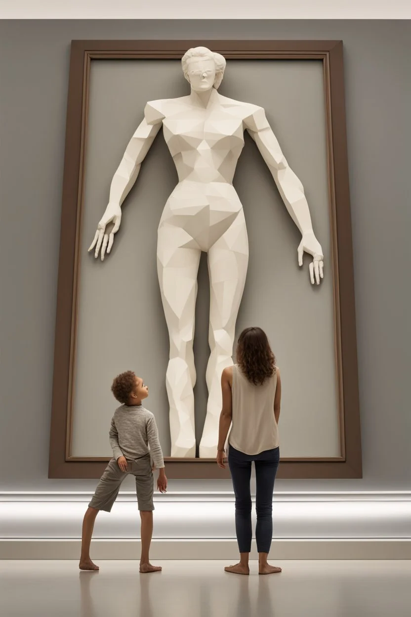 Mother holds her son , cubism a tall slender woman is standing in front of a large white picture frame displayed on the wall of an art gallery. The frame is traditional in style but looks like and has the texture of white clay. Her arms are outstretched like da vinci’s vetruvian man, and the length of her arms and body corresponds to the width of the picture frame. Her feet are perched on a surreal small shadow rock and it looks like she is floating above calm water. The picture is without canva