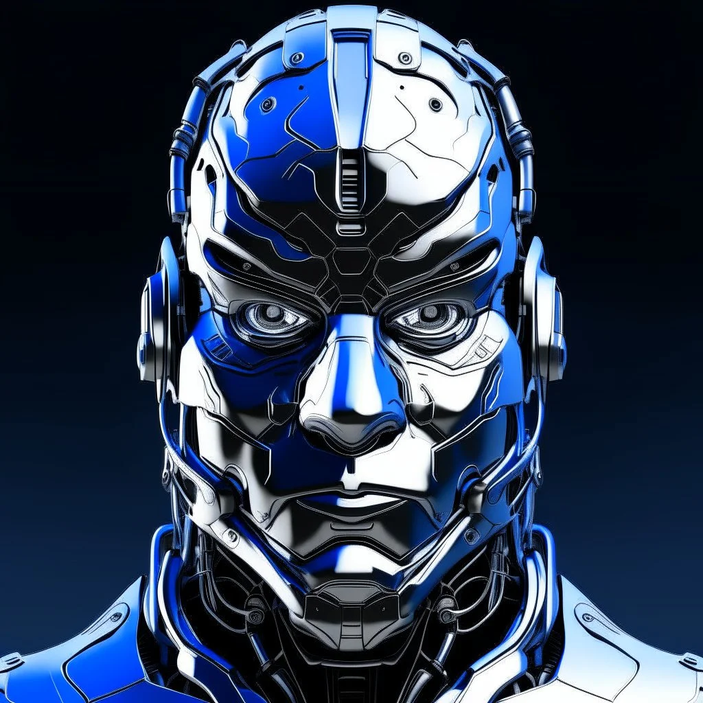 Cyborg armor with helmet on head serious face