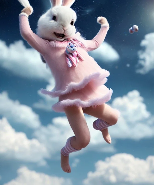 Ultra realistic speed clouds sky scene, wide angle view, childs falling down with many Childs background, rabbit head, circus dress style, feather color, free jumping flying, many trinkets, hair monster, many jelly beans, balls, color smoke, smile, happy, extreme, wind, clouds sea, 20,000 feet altitude, stratosphere, soft color, highly detailed, unreal engine 5, ray tracing, RTX, lumen lighting, ultra detail, volumetric lighting, 3d, finely drawn, high definition, high resolution.