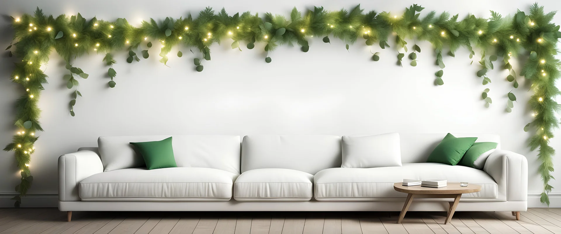 Hyper Realistic Green garlands on a rustic white lounge wall with vignette effect