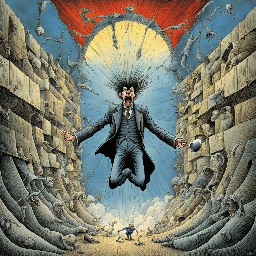 The Trial crazy tear down the wall!, by Gerald Scarfe, by Emek, by Bill Plympton, surreal mindbending illustration, dramatic, heavy dreamy colors, Pink Floyd aesthetics, cosmic drama, trippy album cover art