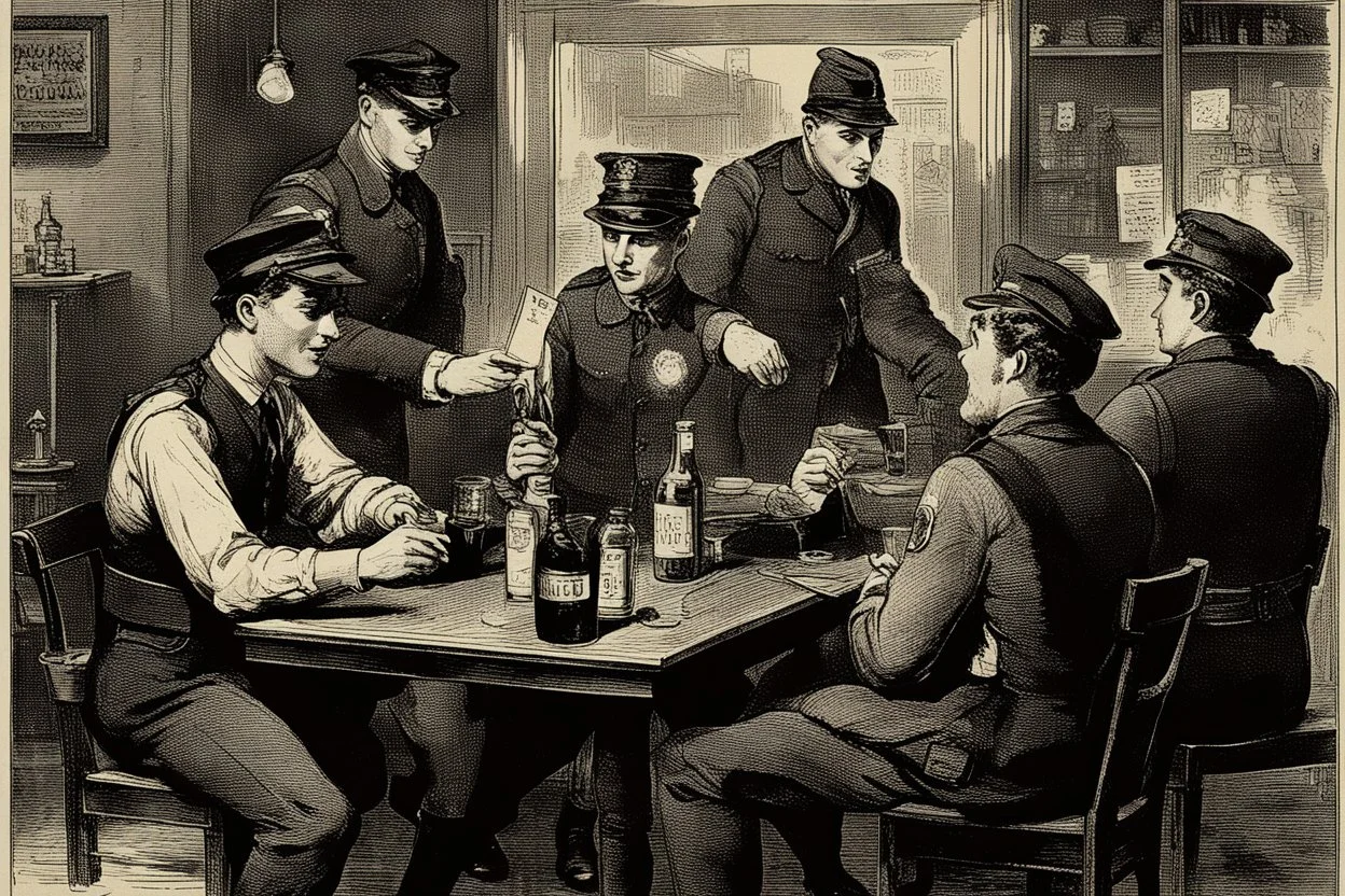 Smoky pub, cheerful young men drinking around a table, a policeman looking thoughtfully at the ID card of one of the boys, lamplight