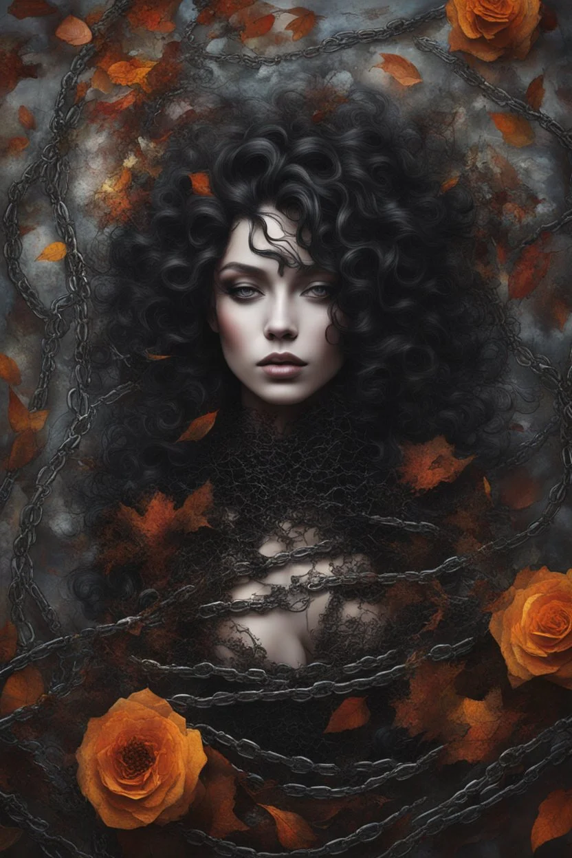 abstract creation of a beautiful girl with black curly hair, surrounded by black roses, wrapped in thick metal chains, glass petals on the ground, autumn and bright colours,dried out thorn bush, chaos,