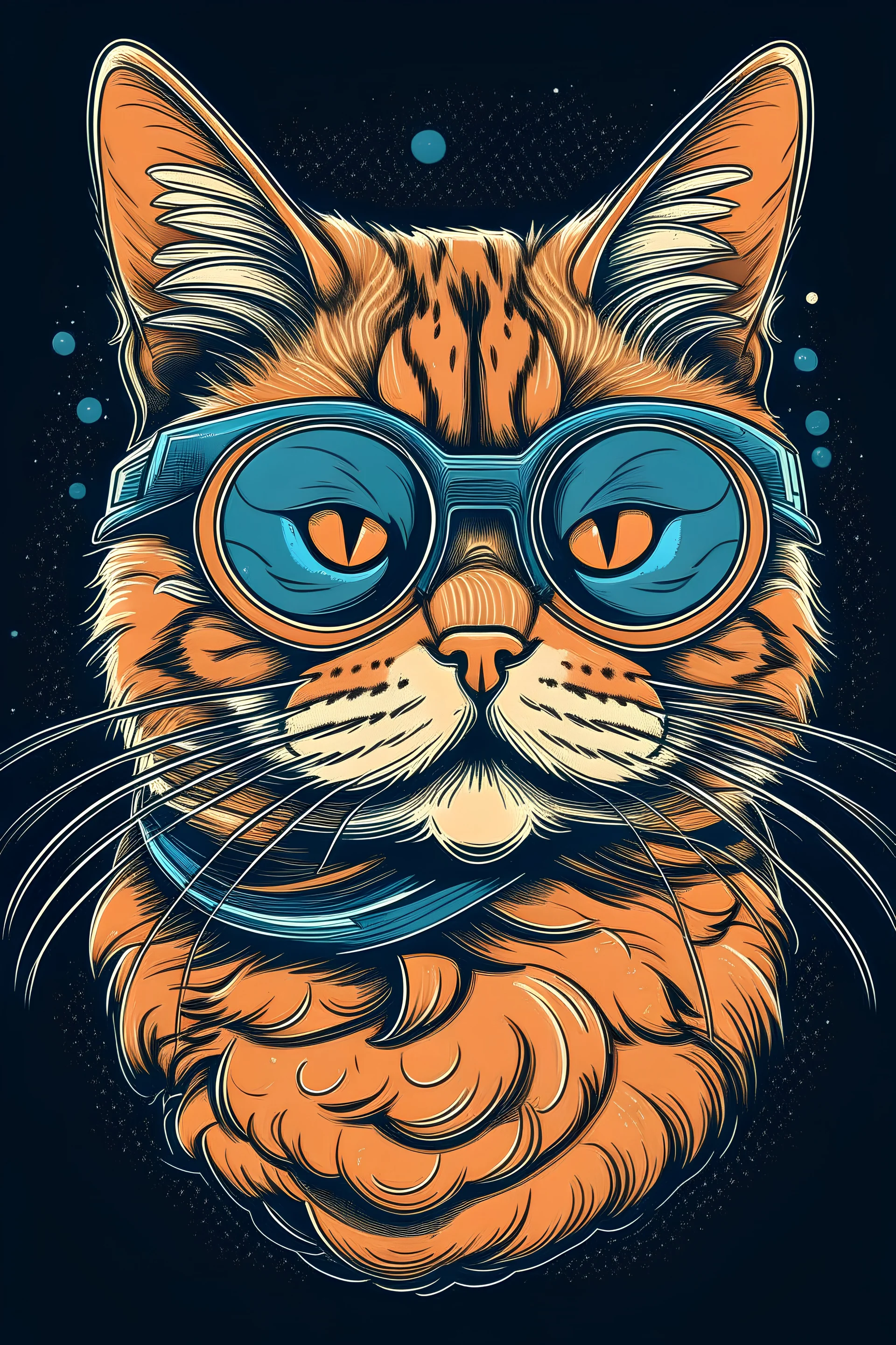CAT AND FISH wearing sunglasses, Style: NEW, Mood: Groovy, T-shirt design graphic, vector, contour, WITH background.