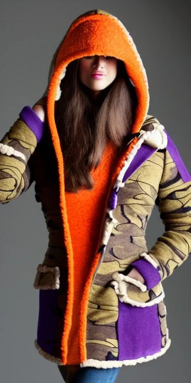 Brunette woman. average body type, think thighs and thick calves. Mantle is sewed of recycled Denim and sewed together of camouflage pieces. Printed camouflage figures are orange,terracotta, cream and purple. It is with big bright purple felt tippet and cream-colored-hood. mantle is merged with satchel. . AKG-style headphones (gold rings!) is merged with small felt cap with small visor. Style: Haute Couture in 1936, Paris fashion in 2023, inspired by street art. Cream latex gaiter.