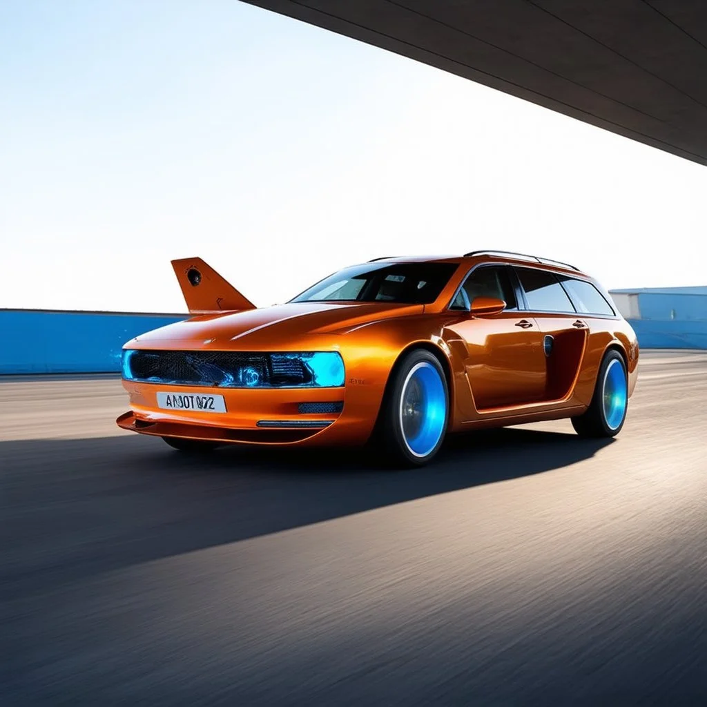 award winning car and driver photograph of a futuristic station wagon fighter-jet genetic-splice designed by only one vehicle per image painted metallic orange traveling at a high rate of speed, jet intake off of front center of vehicle and jet exhaust out the rear with bright blue flames painted on the hod and front quarter panels, bilaterally symetrical, more a high speed road vehicle