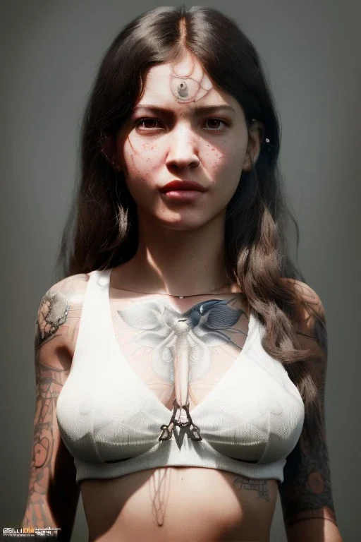 Ultra Realistic image, Rosalía artist, portrait, small complexion, natural small busty, traditional Japanese tattoo, jakuza style, vibrant color, highly detailed, art stations, concept art, smooth, unreal engine 5, god rays, ray tracing, RTX, lumen lighting, ultra detail, volumetric lighting.