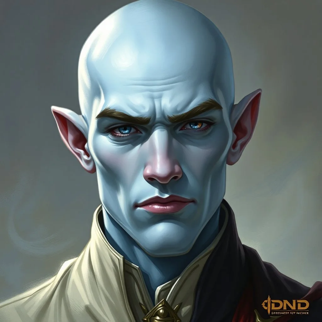 dnd, fantasy, cloud giant, portrait, face, close up, pale blue skin, clean shaven, bald, young, ascended, elegant, elegant clothes