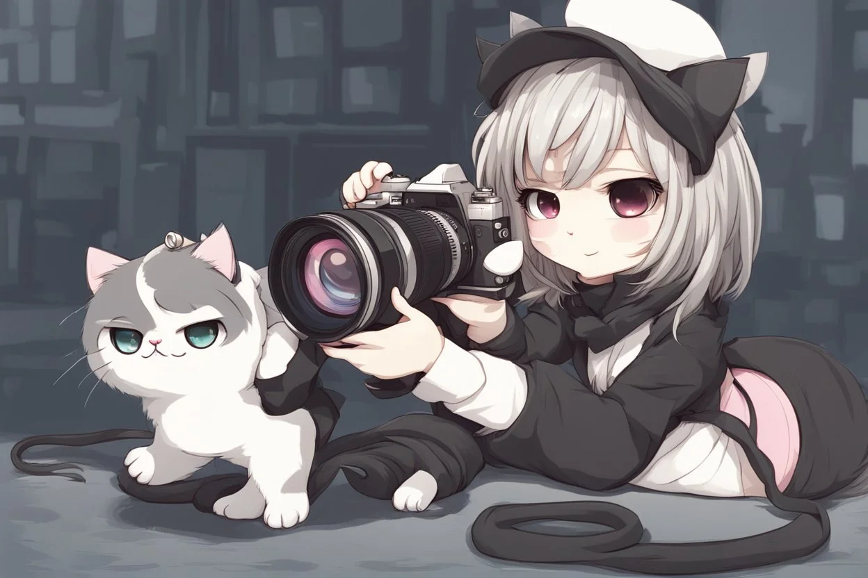 cute chibi photographer cat taking photos about a sexy cat girl