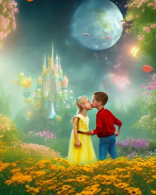 kissing humans, flowers, gold, gems, blonde girl and boy, cinematic, love, subject in the center