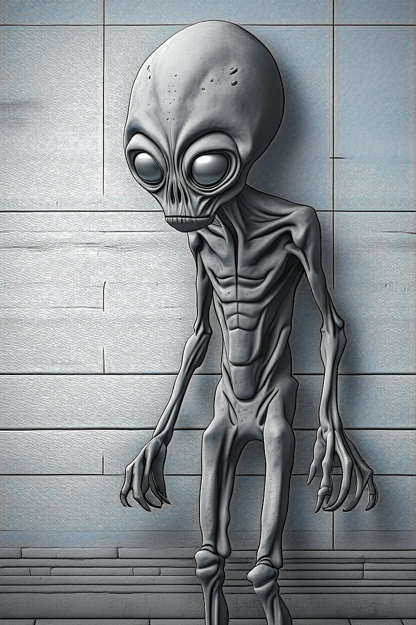 a gray alien standing by a wall pissing on wall back view he turned face to you scared