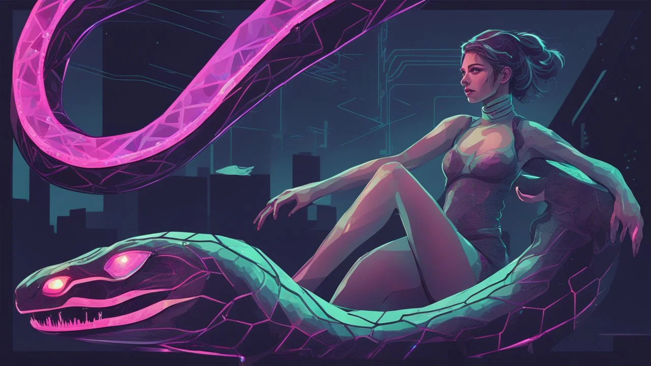 A futuristic cyberpunk illustration of a sleek, female polygonal snake with iridescent scales, glowing neon eyes, and digital circuit patterns running along her body, set in a dark, dystopian cityscape.