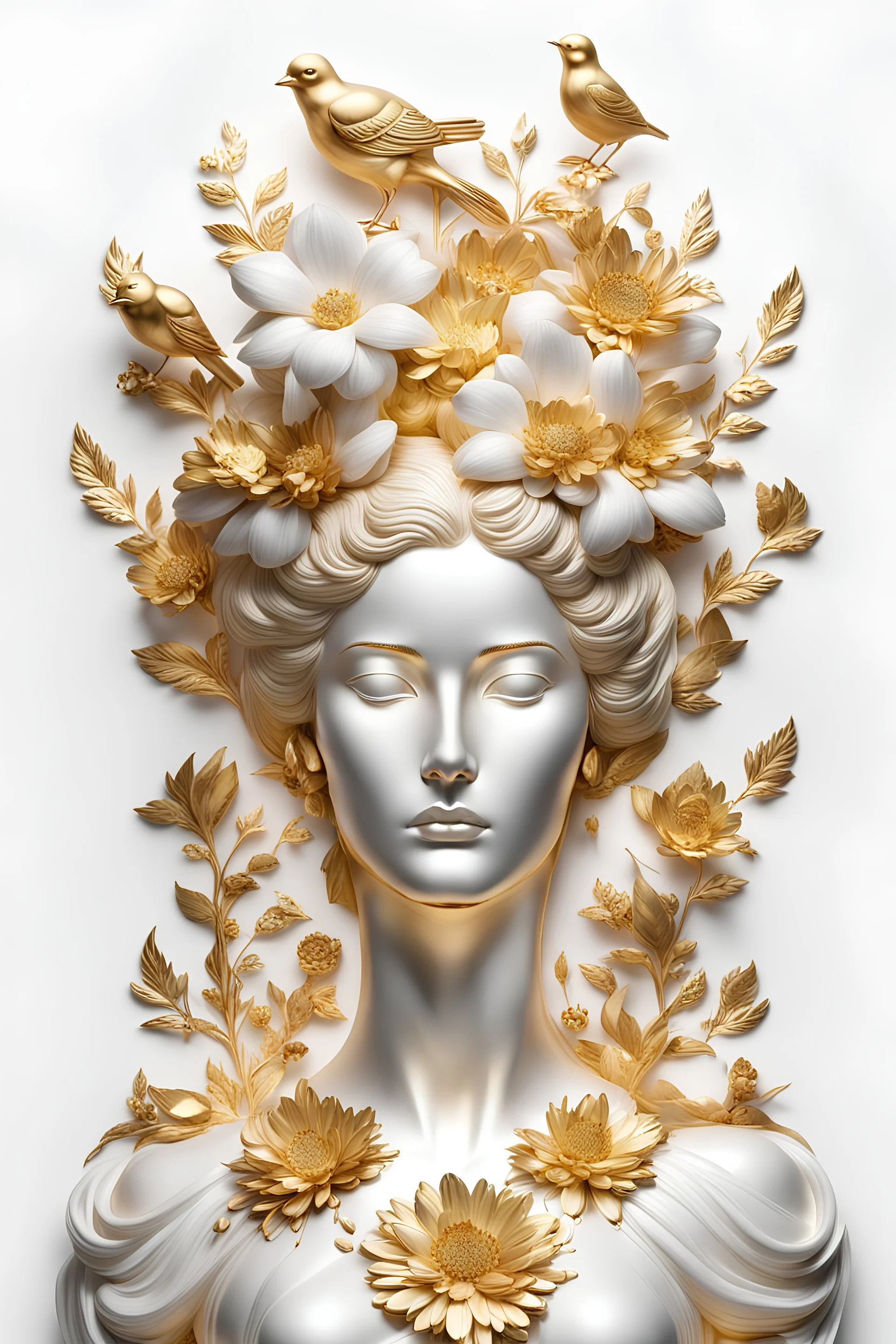 White background, portrait of a woman statue made of gold, flowers, birds