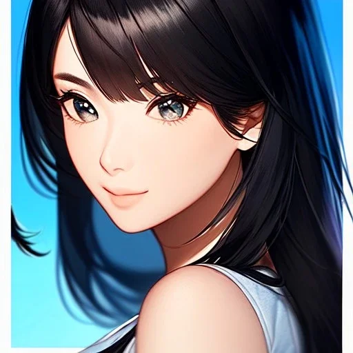 black haired woman, casual clotting, realistic, HD4k, watery cloud background, close up shot,