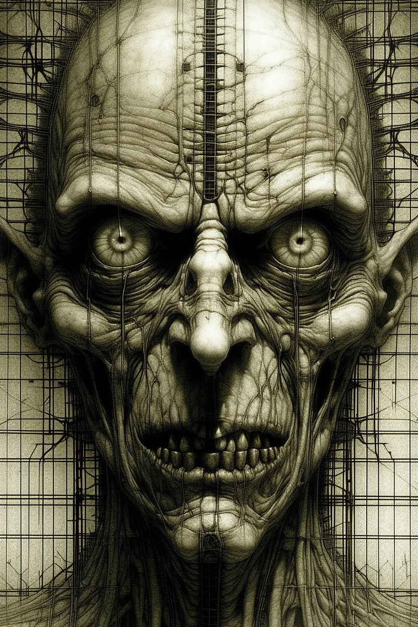 The face of a prisoner man with iron lucked on his mouth . Scary face , all in white texture decayed and rotting with grotesque proportions and imagery. abstract grotesqueries, detailed texture, surreal horror, biomechanical design, by hr giger and beksinski