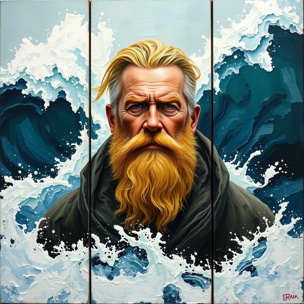 center panel of a triptych: strong mariner in mid-life, golden beard blending into wild ocean waves. He stares forward with purpose. Expressive impasto painting, dramatic sea behind. --v 7 --style raw --ar 2:3 --q 2