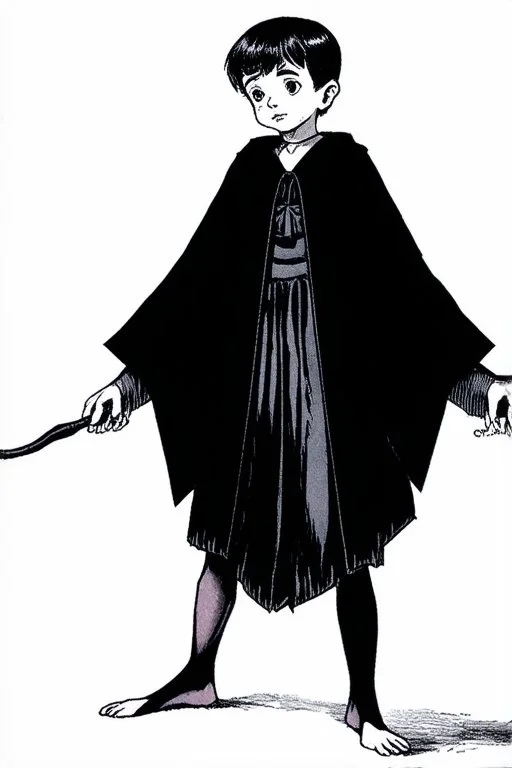 pallid 7 year old boy genie, necromancer, friendly,wearing black robes, with the lower body of a genie instead of legs, in the style of Harry Clarke