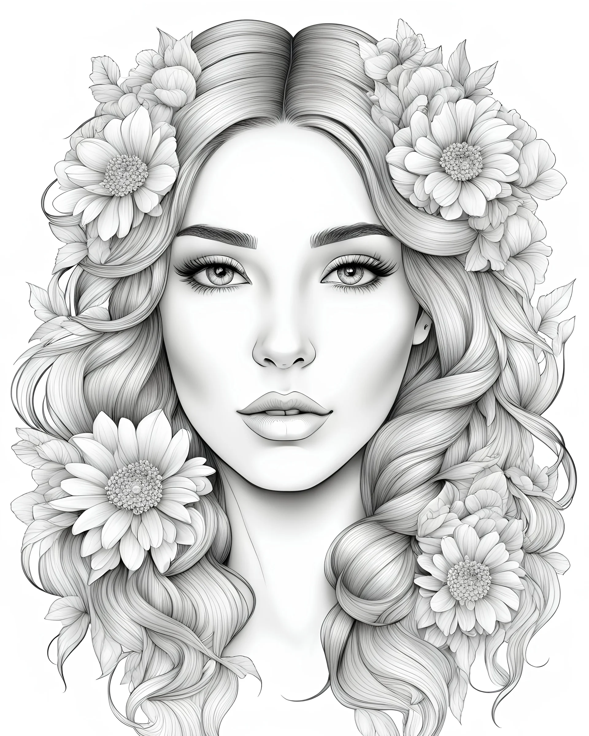 outline art for a gorgeous and sweet lady face, flowers in her hair, coloring page, long hair, white background, sketch style, only use outline, clean line art, white background, no shadows and clear and well outlined