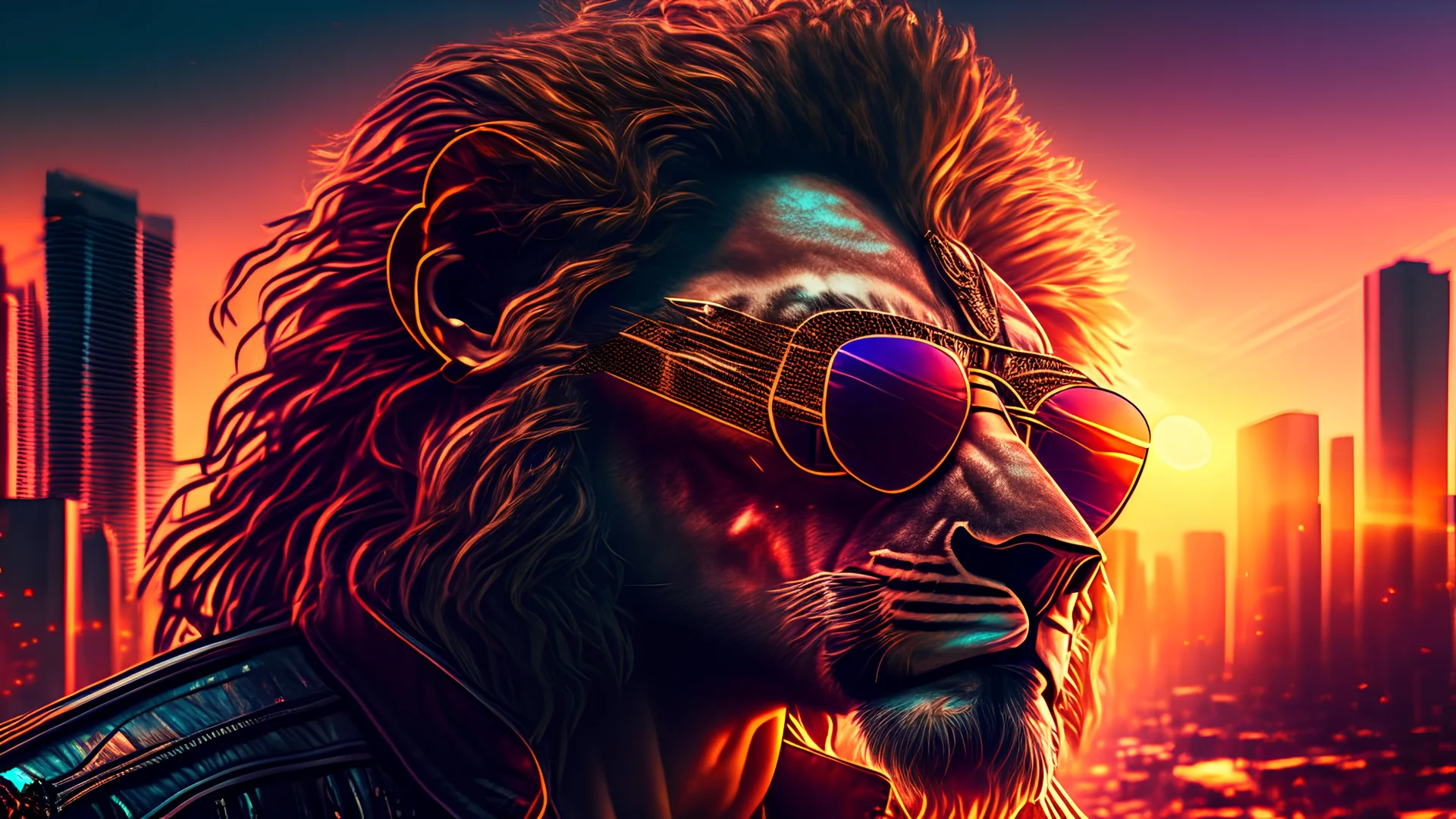 face portrait of a suave bounty hunter lion with black sunglasses relaxing outside a club. sunset. intricate details. Big city background. photo real. reflections. 8k. rgb