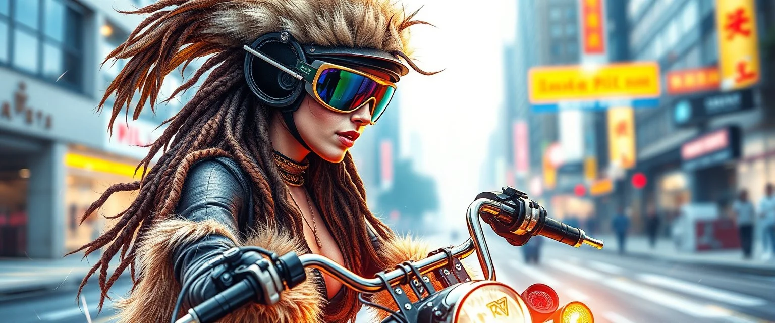 wall poster of transparent biker woman weasel rasta babe with cute fur, in big cyberpunk city crossover, volume light and motion blur, airbrush and pen outline