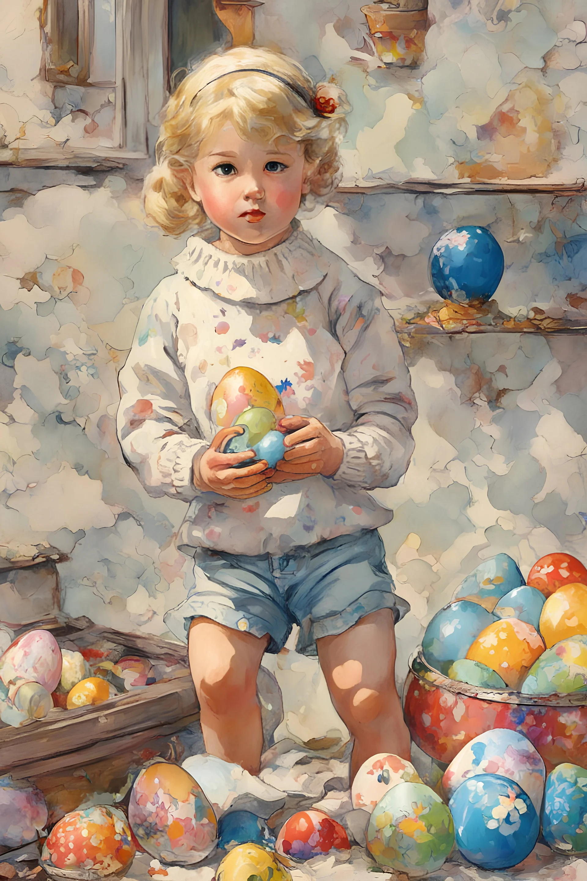 full color anime - a tiny little blonde girl in shorts and a turtleneck sweater coloring Easter eggs - digital art by Norman Rockwell