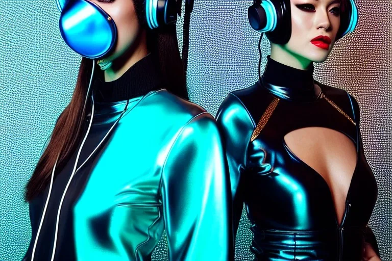 Photographic. Technological utopia. Machine, milky fake skin, old-camera-eyes. 3D-tiling on the adaptive background. Lightly armored. Cyber-punk full-mask. Lay figure woman is Surreal. Haute Couture 1990's. Light from right. Colors are silver, black, Cyan. AKG headphones, golden rings & disc. Logo. Thick tights. Thick calves. Curved fell. Wide hip. Tron Movie. Countermove. Revolution. The Matrix, Lady in Red. Daft Punk. Biological revolution.