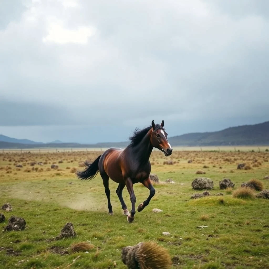 Horse running in themiddle of a storm