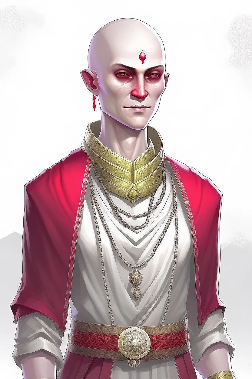 full length, gangly, 22-year old, shaved head, nordic looking grey-eyed female human cleric with a red necklace