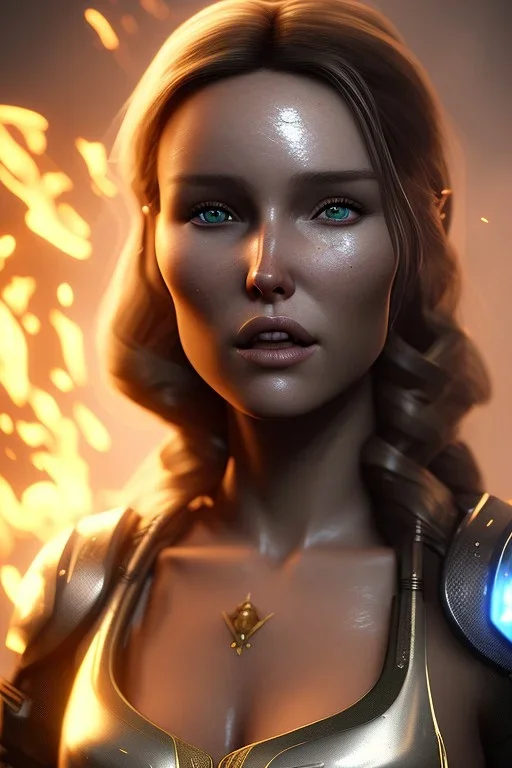 Camilla luddington face, texture skin,Crystal yellow eyes, long white hair, wearing The Lara Croft, realistic, 4k, intricate, best quality, fog particles, fire particles, octane render, vray, sword fire