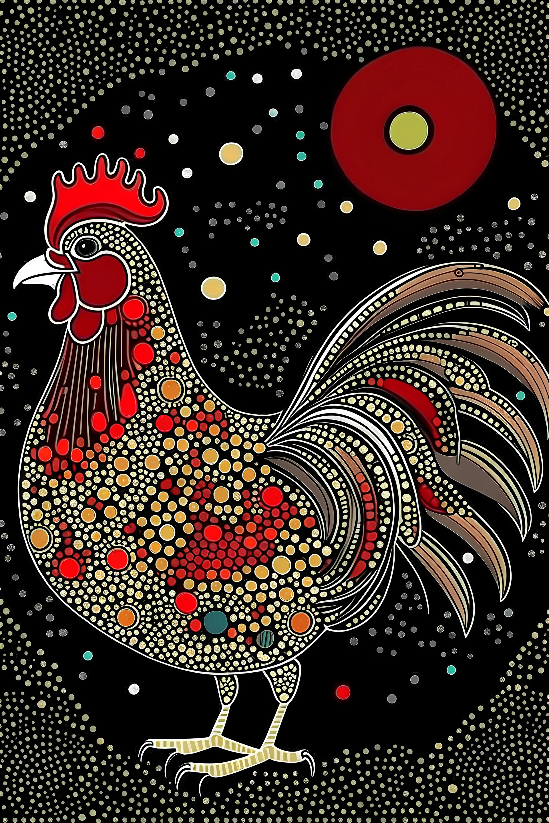 Make a picture of a rooster (to color) made of only small circles It should be black oulines only there should only by dots, no straight lines POLKA DOTS