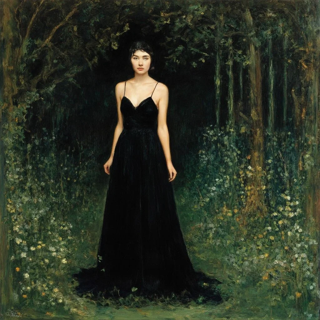 Night, one woman in black dress lost in the forest, flowers, vegetations, creepy, gloomy, doom metal influence, leopold von kalckreuth paintings, and william brymner paintings