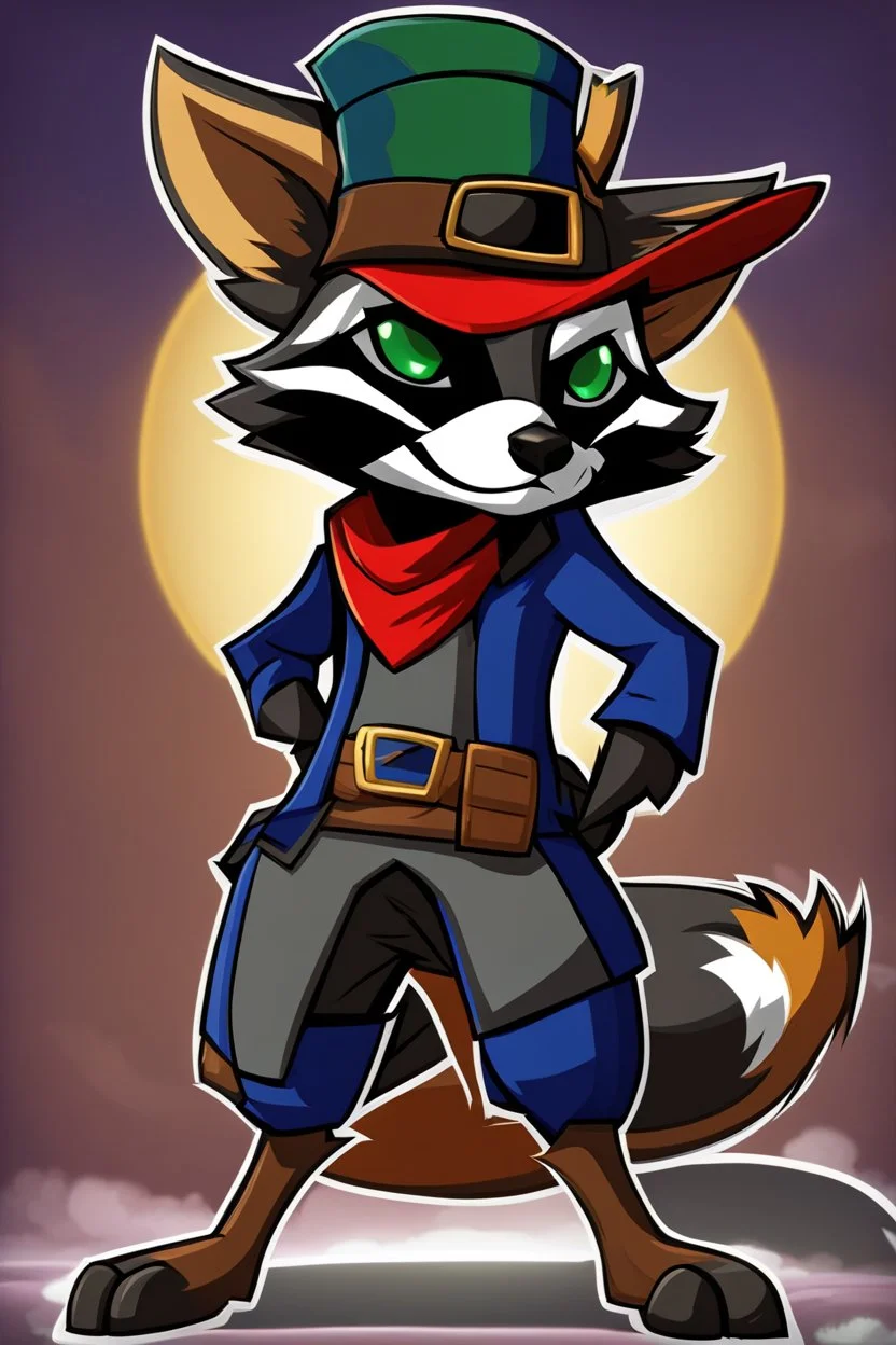 Make a Sly Cooper: Thieves in Time styled oc. He is a raccoon with sleek, charcoal-gray fur and emerald-green eyes. He has a sly and mischievous expression, with a black mask-like pattern around his eyes. He wears a tattered, dark blue bandit's outfit with a red sash and a feathered hat that adds to his roguish charm. He also sports a leather pouch at the base of his tail for carrying stolen treasures.