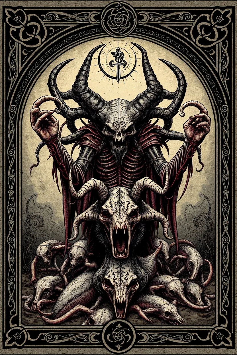 death tyrant beholder with dead animal horde framed with spiral keys and sigils and celtic symbols