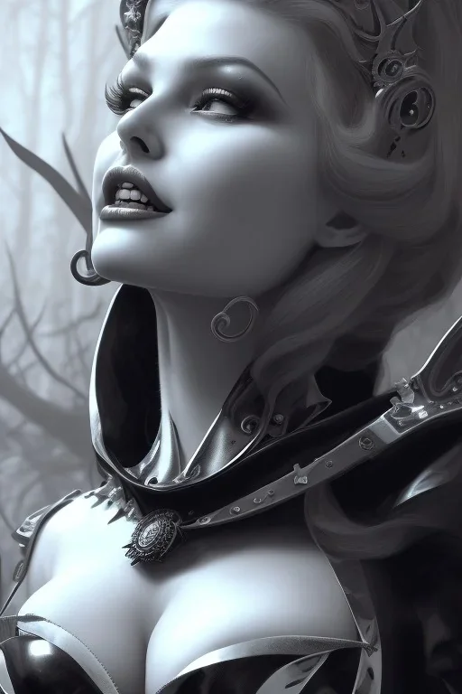 Rita Hayworth as evil queen in black leather, busty, cleavage, curvy, angry, stern look. character design by cory loftis, fenghua zhong, ryohei hase, ismail inceoglu and ruan jia. unreal engine 5, artistic lighting, highly detailed, photorealistic, fantasy