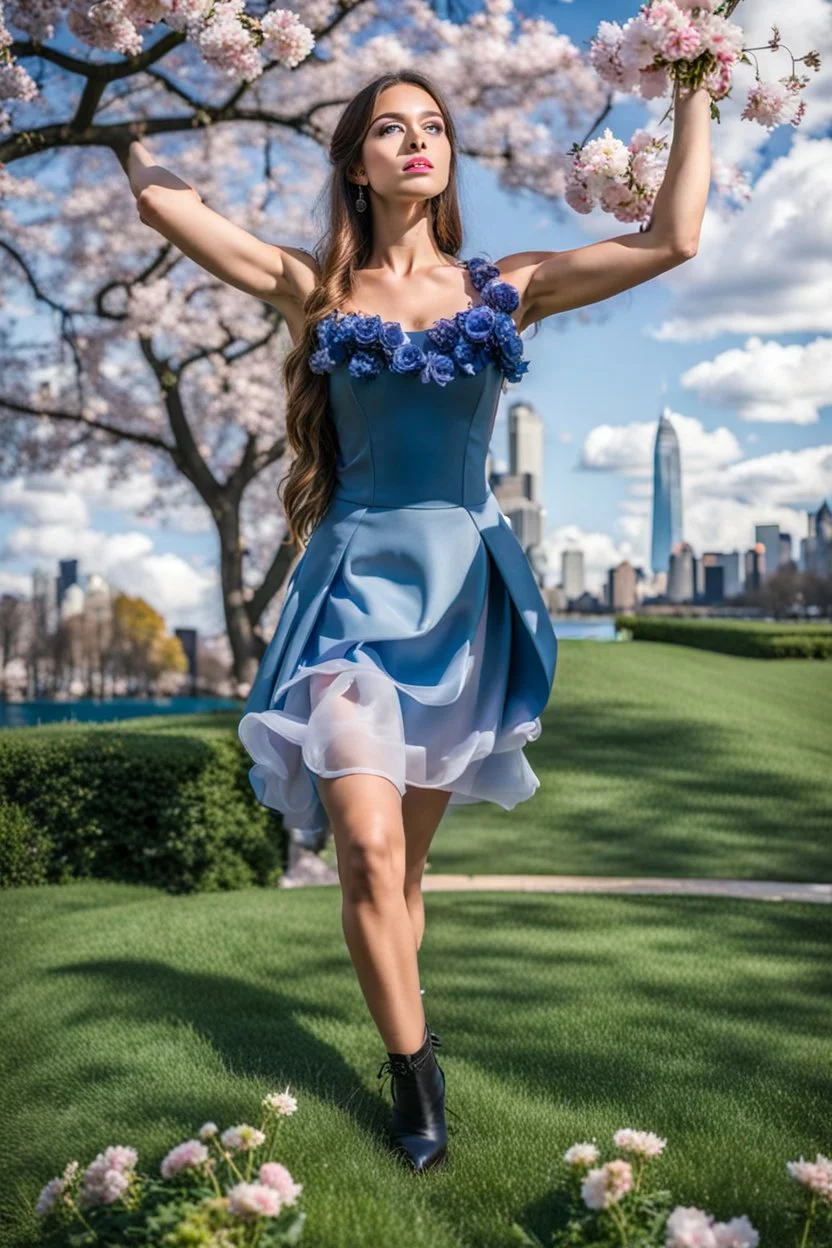 fullbody girl makeup wearing a victorian short dress walking in moder city of 2040 park ,flowers ,pretty clouds in blue sky,city escape.