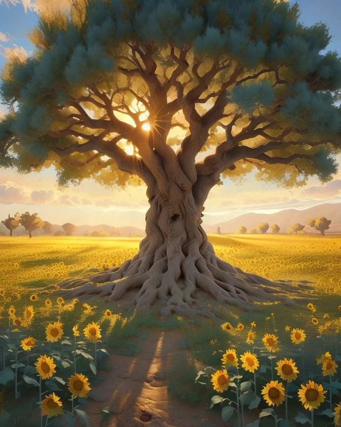 an ancient olive tree in the center of a sunflower field in in impasto style , golden light hour, blue sky full of cotton clouds, simple, peacefull, hyperrealistic --style raw --stylize 750 Modifiers: elegant 8k oil on canvas cinematic lighting very attractive beautiful dynamic lighting fantastic view close up Unreal Engine cinematic postprocessing acrylic art Surrealism Impressionist luminism Craig Rutkowski Tesselated 8k beautiful cinematic lighting elegant very attractive oil on canvas beauti