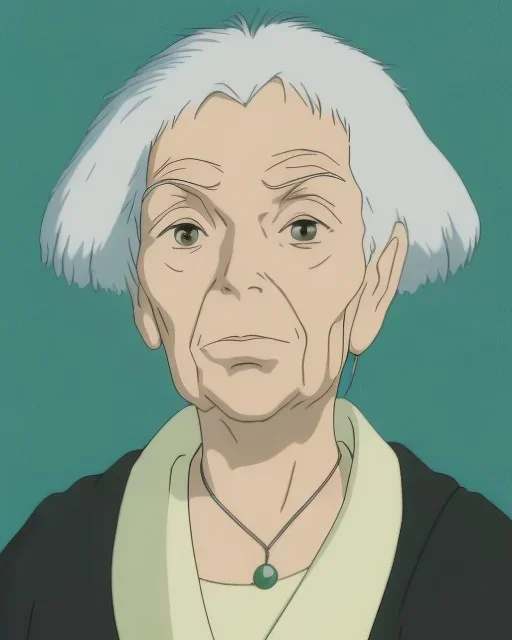 Abstract portrait of a dignified old woman with green eyes and white hair