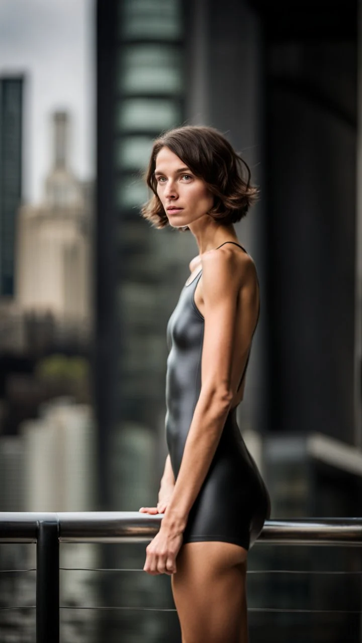 beautiful anorexic young woman, total shot, short shiny anthracite triathlon swimsuit, short brunette wavy bob hair, blurred city background